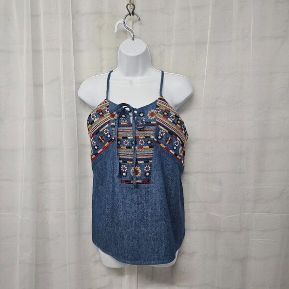 NWT Blu Pepper Blue Red Embroidered Tank Halter Boho Embroidered Hippie M - Picture 1 of 13
